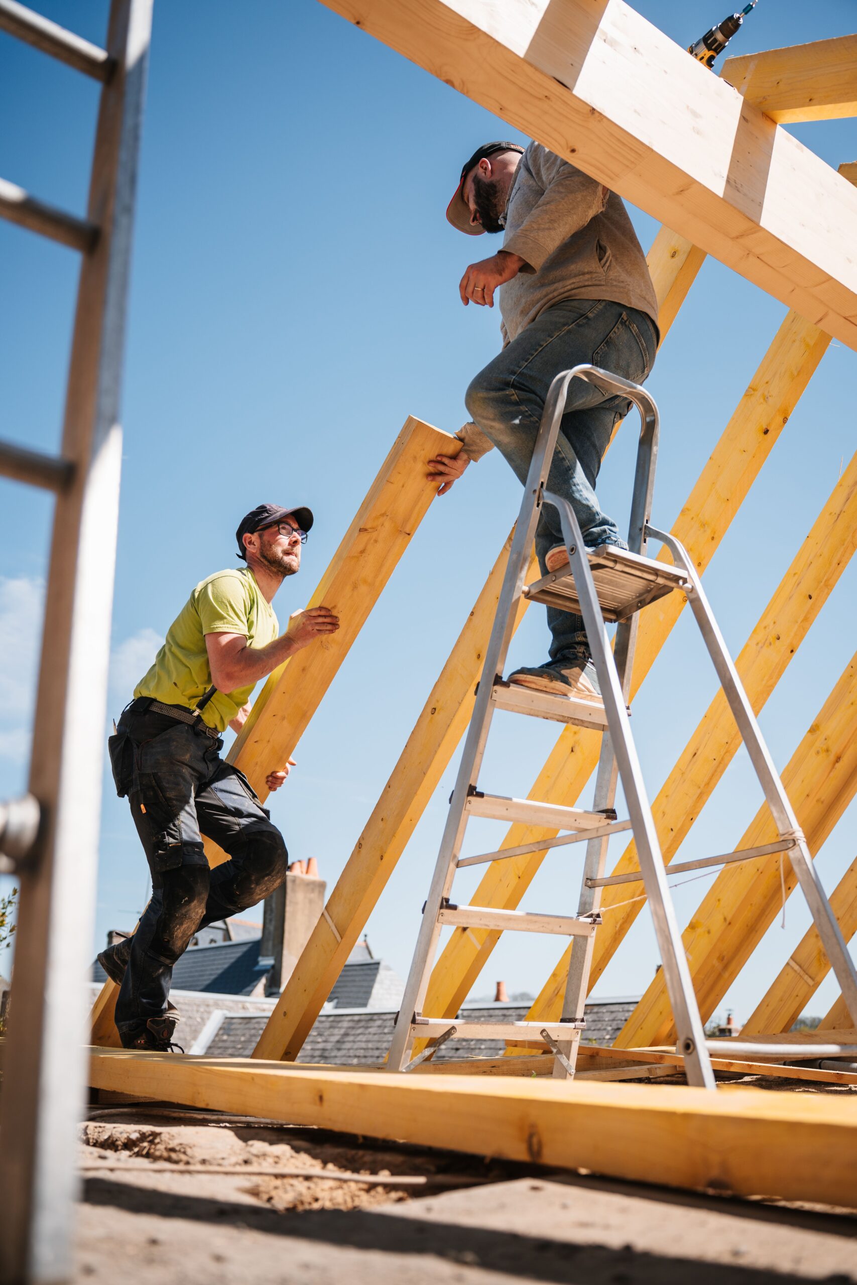 Roofers working on a building